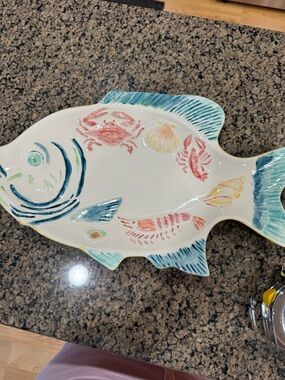 Ceramic Fish Serving Platter in White with Teal and Coral Accents